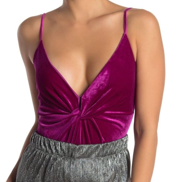Lush Tops - Lush magenta v-neck knotted velour bodysuit M